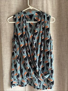 Ann Taylor Sleeveless Toucan Print Wrap-Front Sleeveless Blouse